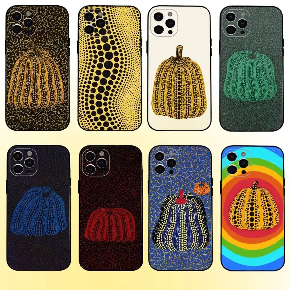 パンプキン Y-Yayoi K-Kusama iPhone17、16、15、14、13、12、11 Plus、Pro Max用 ソフトブラックカバー