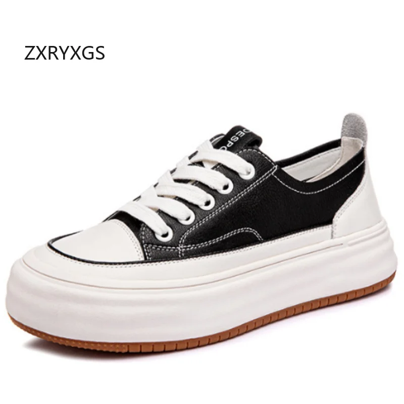 ZXRYXGS Hot 2026 Genuine Leather White Shoes Flat Heel Thick Sole Increase Shoes Comfortable Versatile Women's Sneakers Black