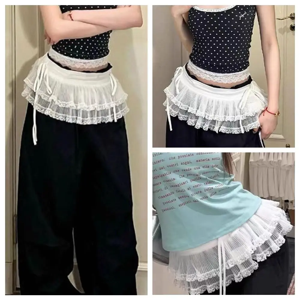 

New Embroidered Flower Lace Mini Skirt See Through Harajuku Lace Up Ruffles Skirt Y2K Streetwear Pleated Skirts Jeans Decoration