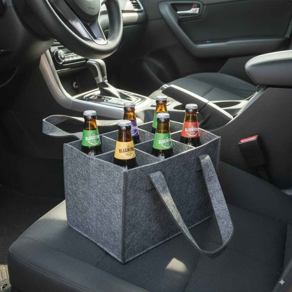 1Pc Protective Beer Storage Basket Washable with Carry Handle Car Beer Bottle Carrier 6 Bottles Felt Beer Holder Bag
