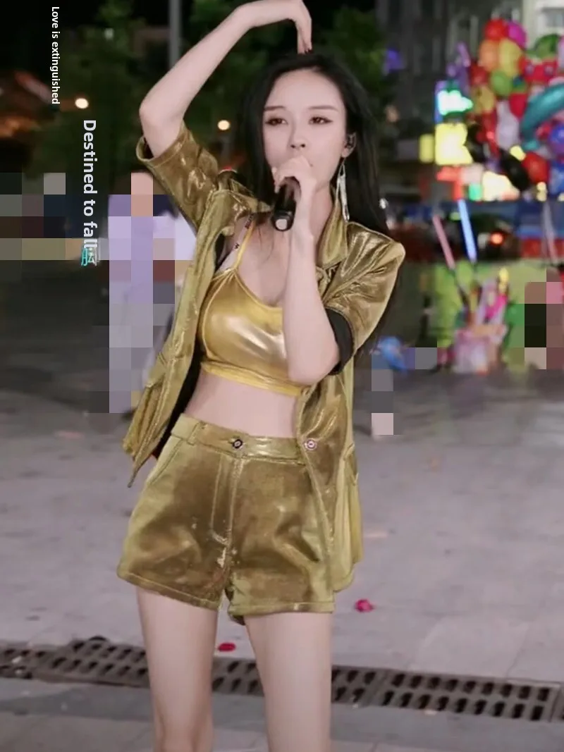 

Sexy DJ Women Singer Wedding Host Jazz Stage Suit Mid-Sleeve Shorts Set Annual Performance Chinese Opera Costume Ethnic Wear