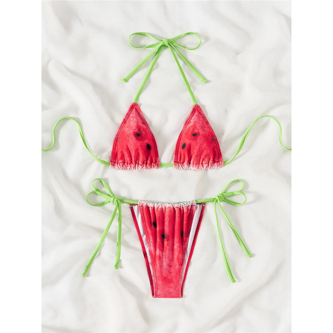 Neuer, rot-wassermelonenbedruckter, halterneckiger Damen-Badeanzug, zweiteiliger Bikini, Badebekleidung, Badeanzug, Schwimmanzug V7411 – Detail 5
