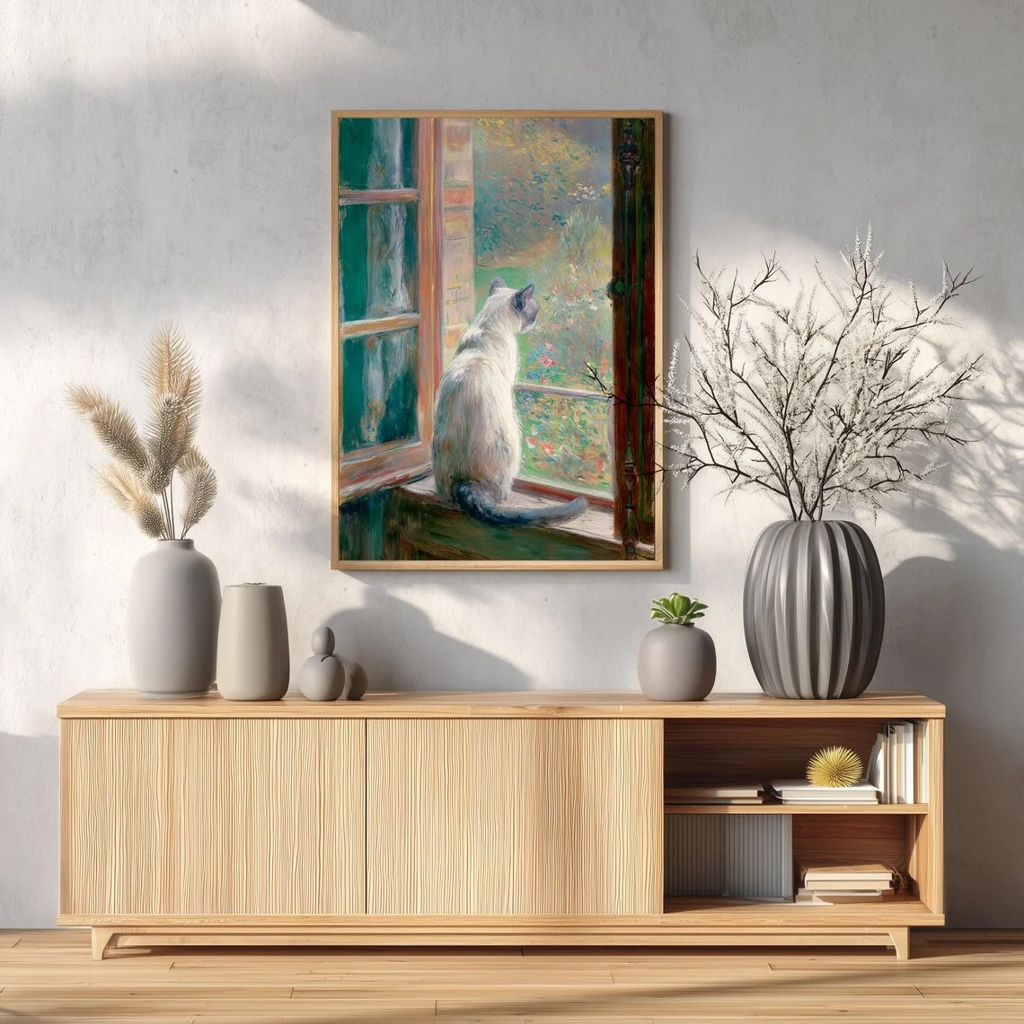 Monet Inspired Siamese Cat Window Wall Print - Impressionist Oil Painting of a Siamese Cat Gazing at a Garden, Green French Wind - view 6