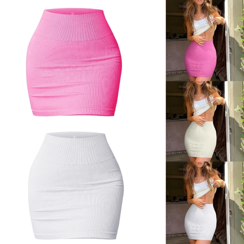 Ribbed Knit Mini Pencil Skirt for Women Above Knee Basic Short Bodycon Skirt Casual Summer Mini Short Skirt Streetwear