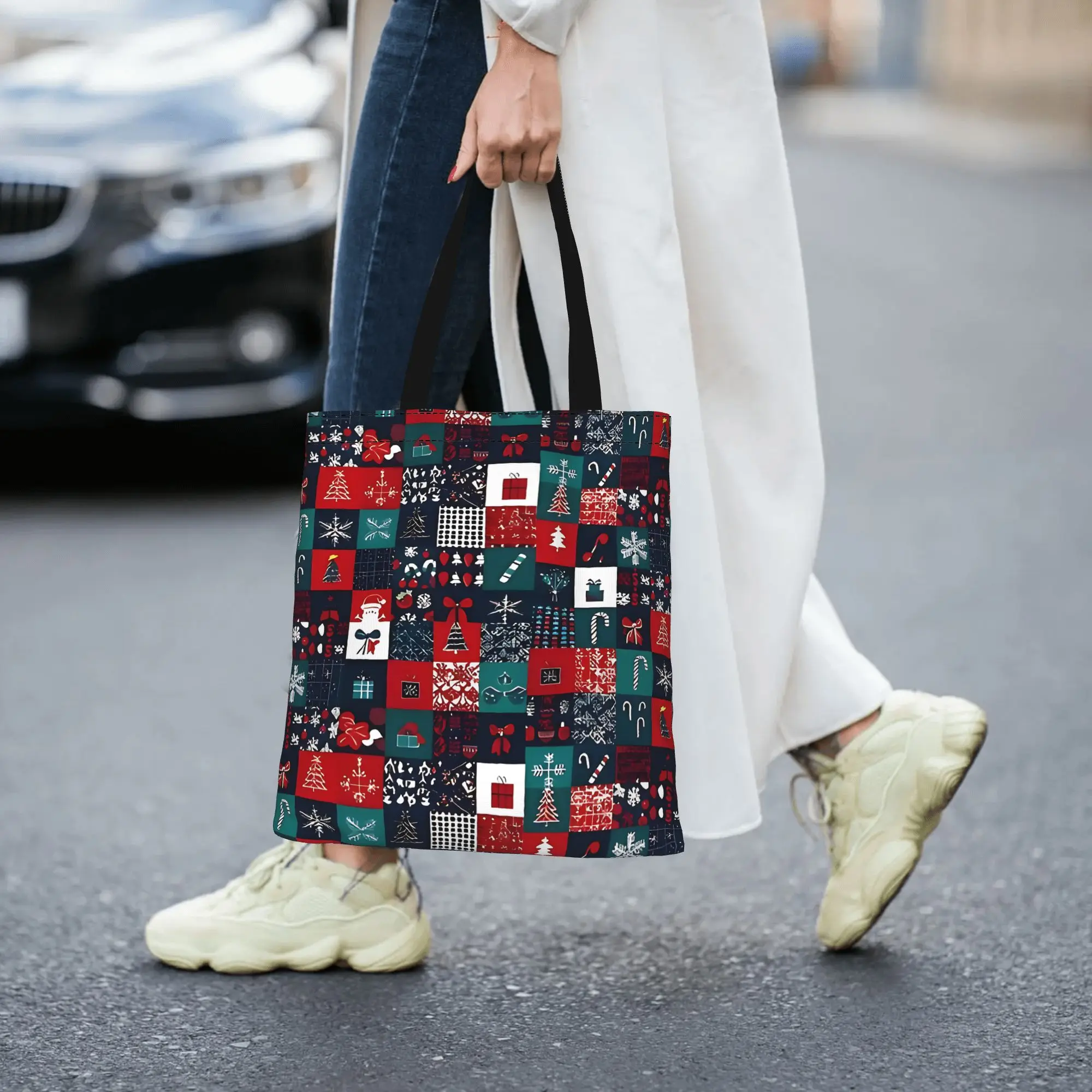 Fashion Women's Bag Festive Christmas Patchwork Shopping Bag  Canvas Tote Bag Women'S Shoulder Handbag Christmas Gift