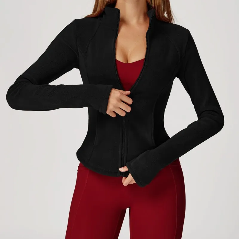 Chaqueta deportiva de lana de invierno para mujer, abrigo de Yoga de manga larga con cremallera, Top cálido para gimnasio, ropa deportiva para correr y entrenar para ciclismo