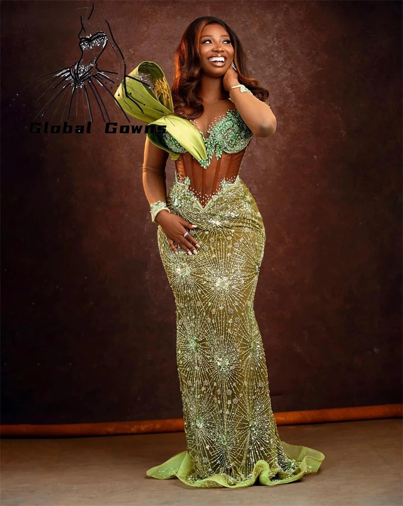 

Aso Ebi Green Bead Crystal Evening Dresses Full Sleeve Black Girl Party Gowns O Neck Mermaid Special Occasion Dress Customized