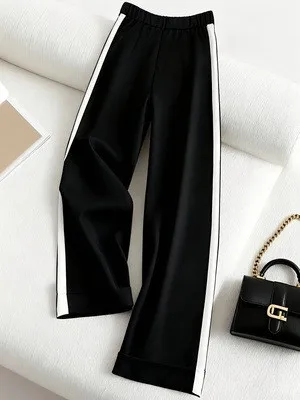 Spring Summer Women's Clothing High Waist Wide Leg Trousers For Woman Black White Contrast Casual Pants Polyester Fiber Fabric