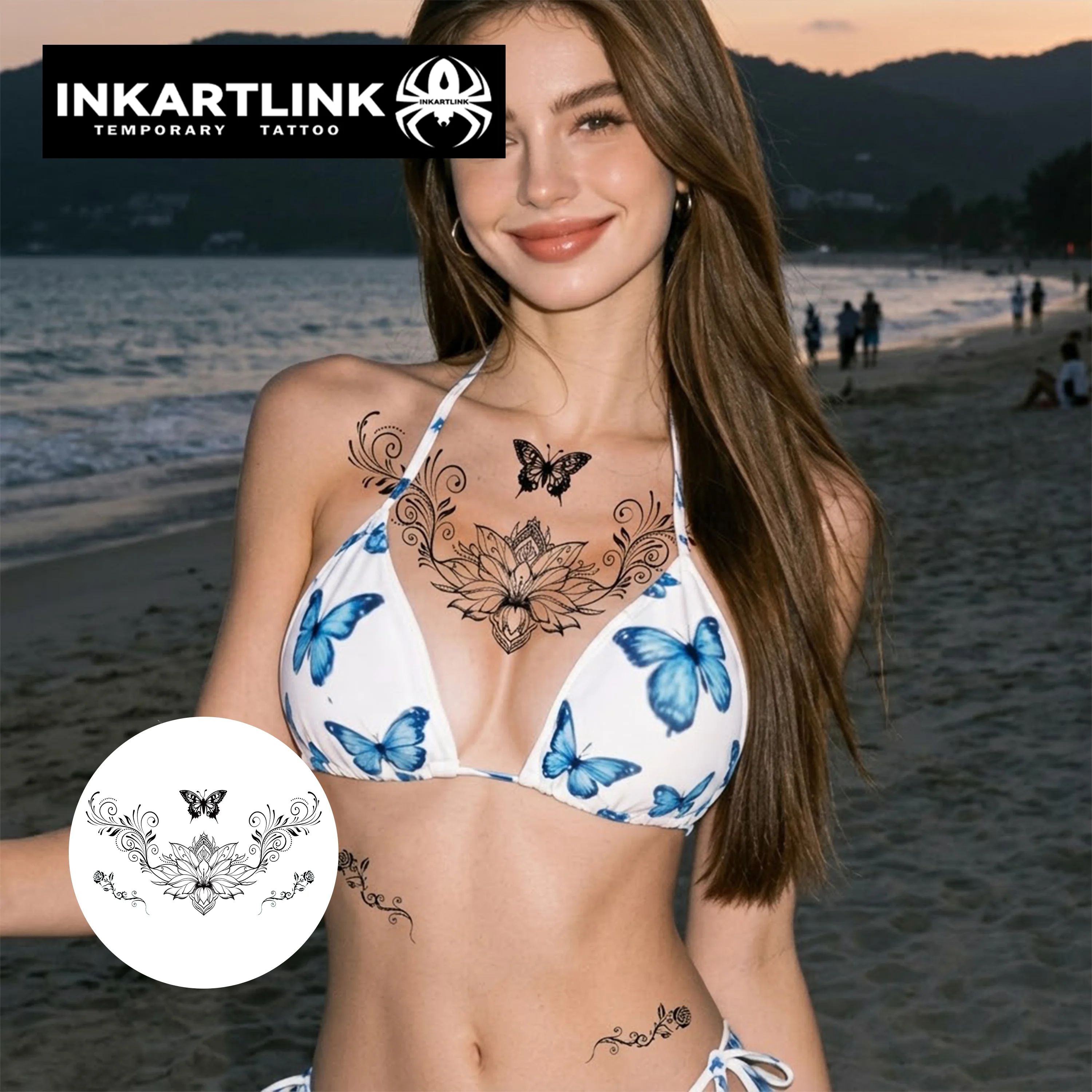 INKARTLINK Boho Lotus Butterfly Necklace Temp Tattoo Waterproof Sticker for Music Festivals, Beach Party & Daily Look.
