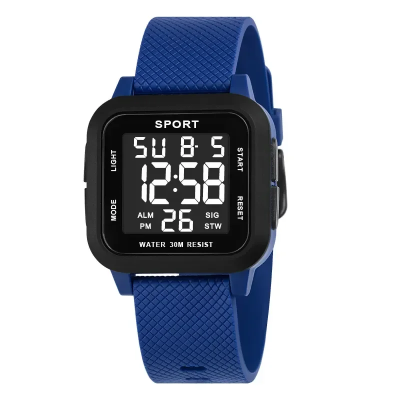 Homens LED Digital Sports Watch, Relógio de pulso eletrônico, Alarme, Relógio Chrono, 3Bar impermeável, Preto, Novo, 2024