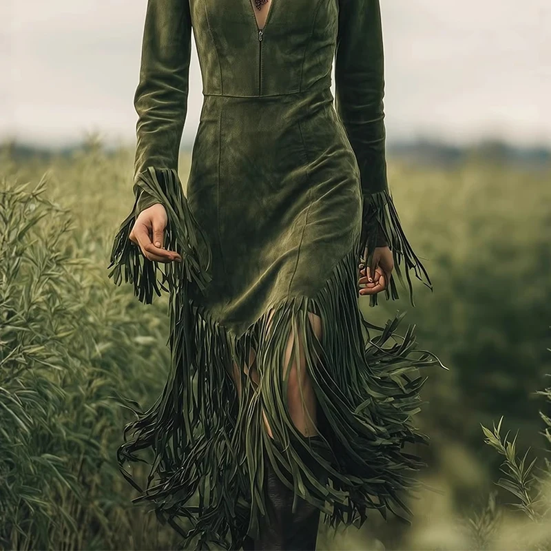 

Western Retro Tassel Splicing Dresses Women Turn-down Collar Zipper Slim Hip Dress 2026 Fall Fringed Long Sleeve Ladies Dress