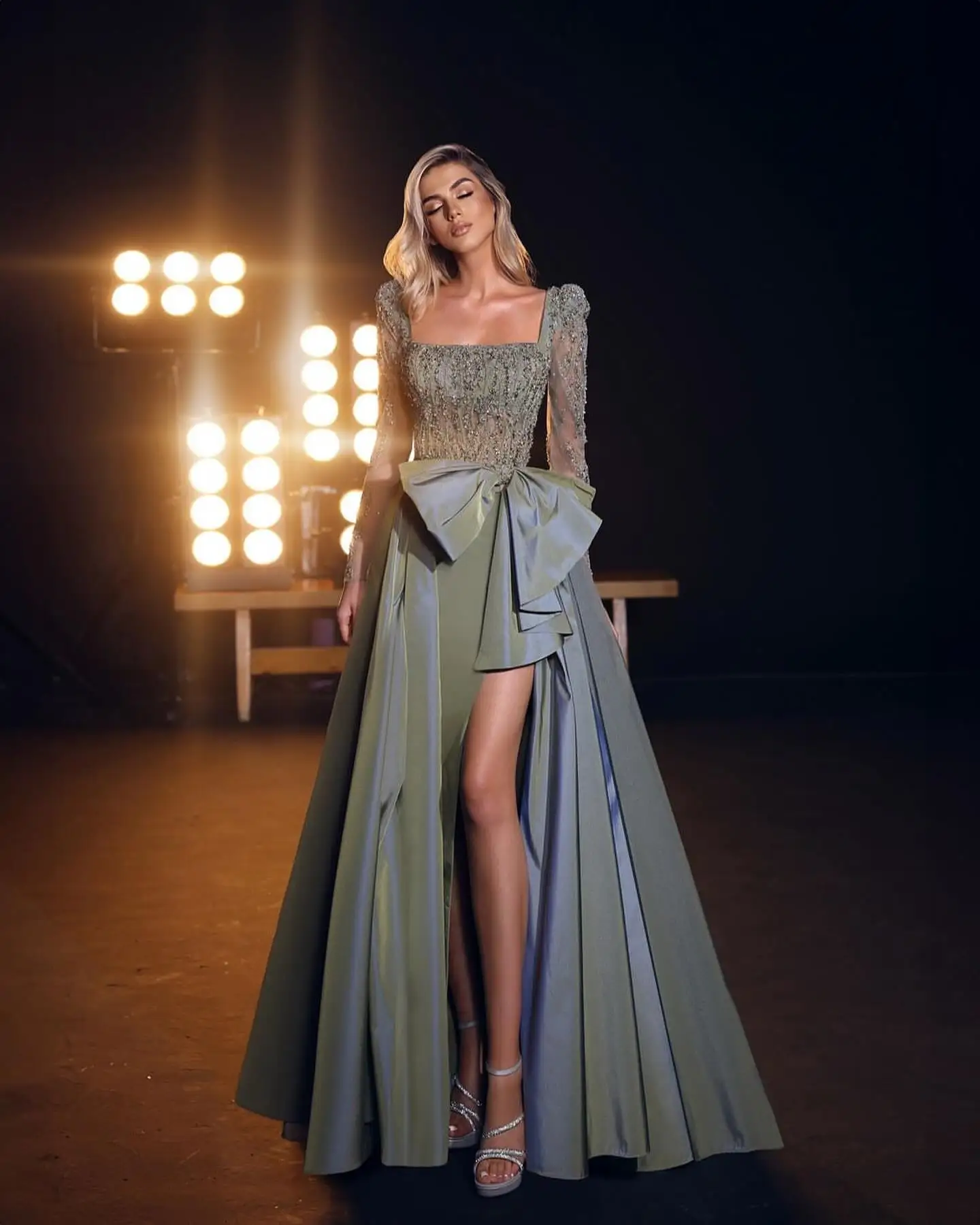 Elegant blue A-line long evening gown hand-beaded square neck long sleeves ball gown satin sexy high slit bow pleated multi-laye