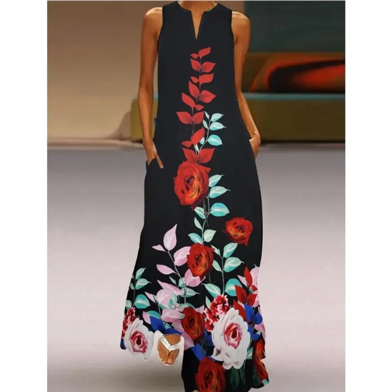 

New summer dress long skirt elegant and sexy V-neck sleeveless head fashionable floral print pattern personalized dressfor women