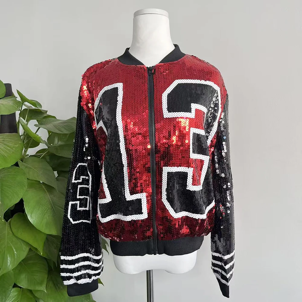 

Greek Fashion Lady Streetwear Sequins Zip Up Long Sleeve Sleeved Sorority Jackets