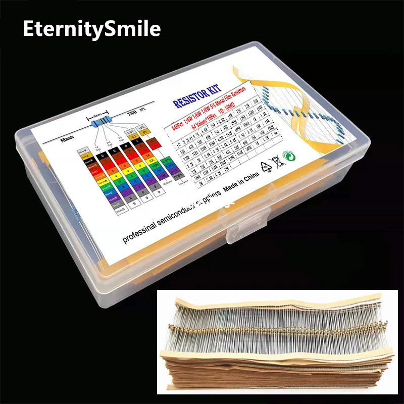 640Pcs/Box 64 Values 1/8W 5% Metal Film Resistors Kit 1Ohm-680OR-1k-680k-10M High Precision Resistance Set Assortment
