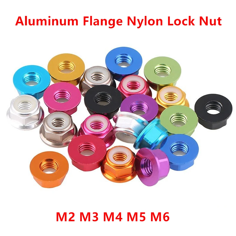 10 pçs m2 m3 m4 m5 m6 alumínio flange náilon porca de bloqueio anodizado vermelho/preto/azul/azul claro/laranja/dourado/roxo/rosa/tira/cinza