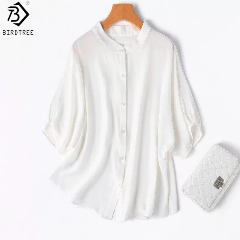

Birdtree, 100% Silk Solid Blouse, Stand Collar Batwing Sleeve Shirt, Women's Double Crepe Elegant Tops, 2026 Summer New T64003JF