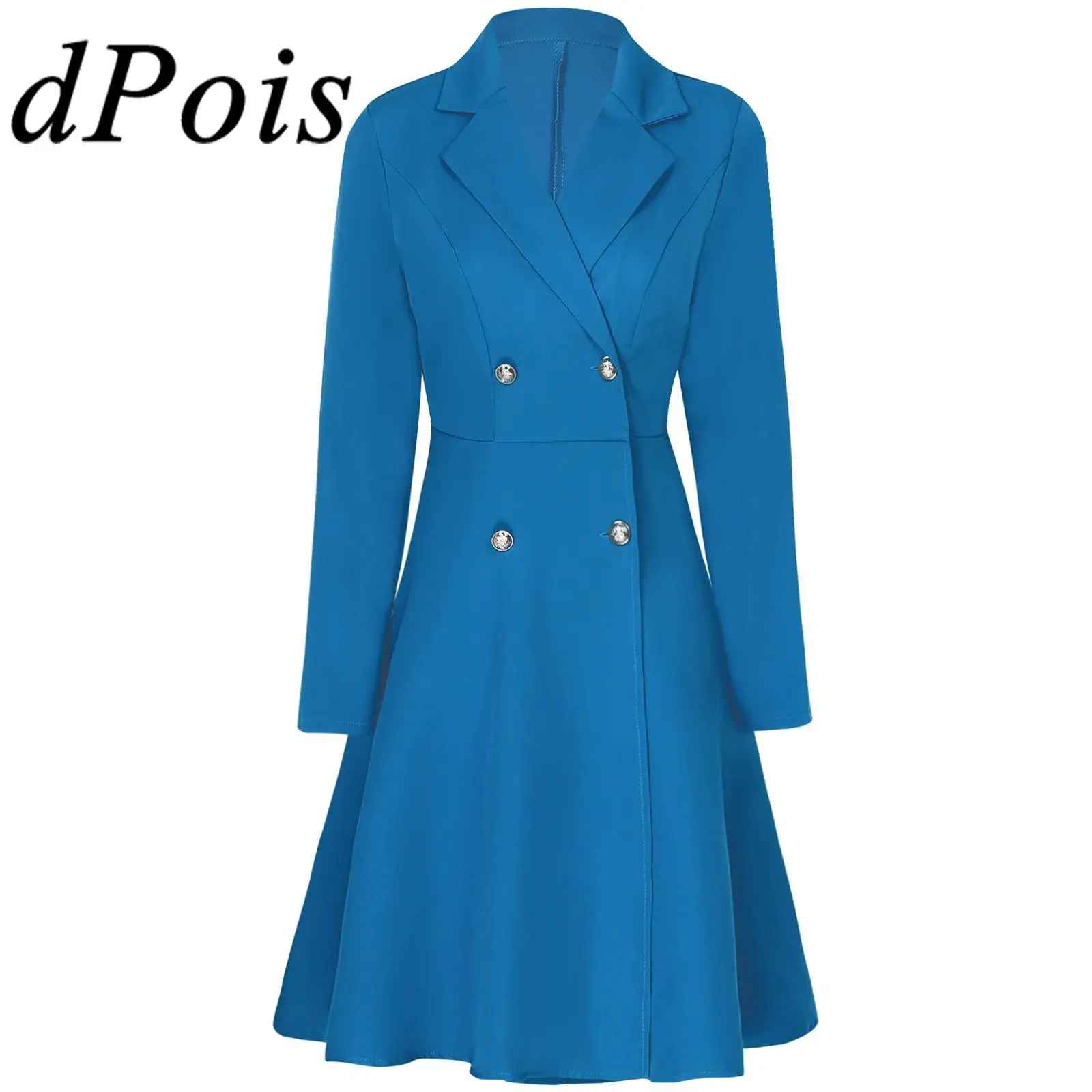 

Womens Solid Color Trench Coat Notch Lapel Long Sleeve Double-breasted Long Coat Fashion Jackets for Office Casual