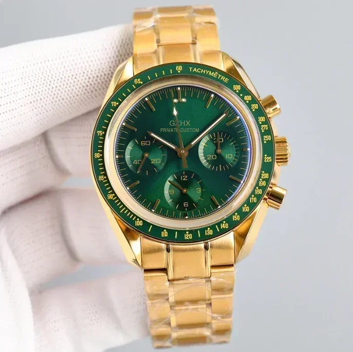 ساعة كوارتز كرونوغراف VK63 فاخرة للرجال من الفولاذ المقاوم للصدأ باللون الذهبي الوردي والجلد باللون الأخضر