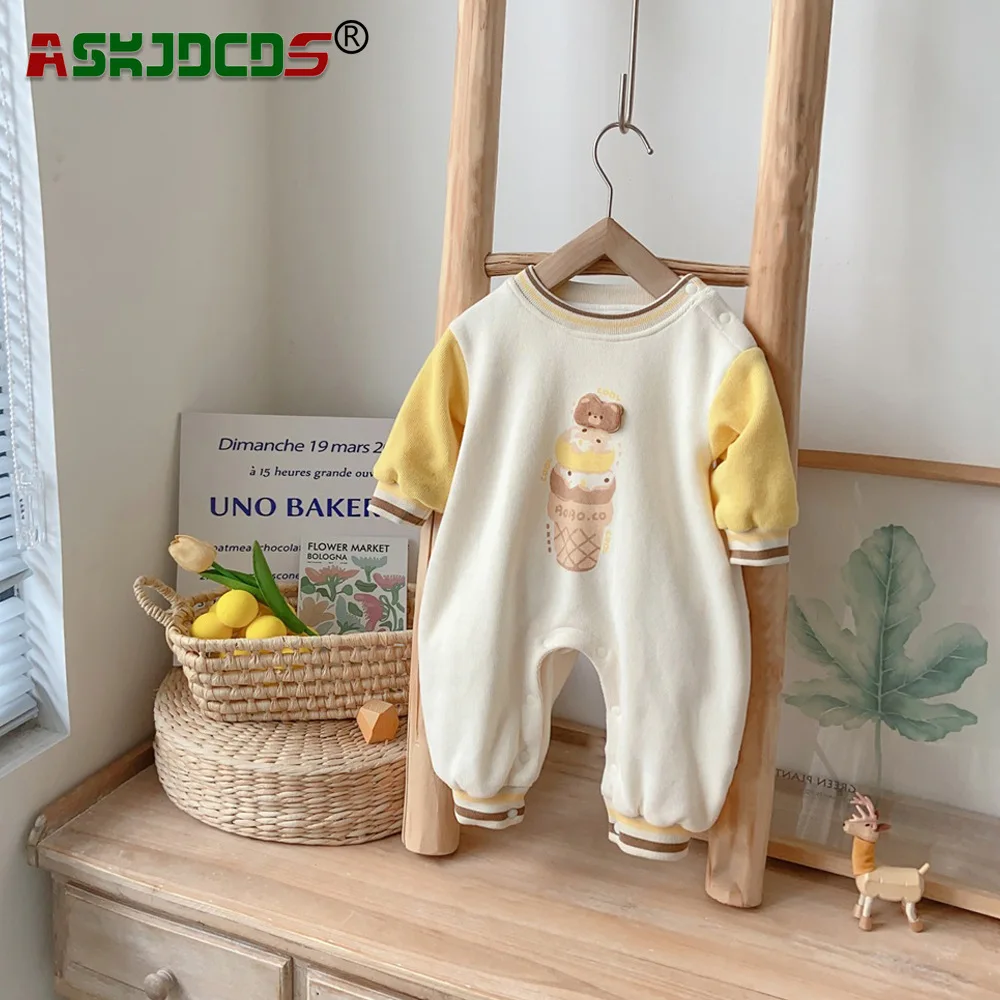 Autumn Kids Outfit 0-24M Newborn Boys Cartoon Ice Cream Bear Romper: Long Sleeve Baby Overall , Infant Jumpsuit Cute Clothing