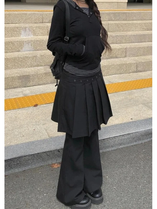 

Свободные черные плиссированные юбка-брюки женские, весна-лето, новый стиль, повседневные, имитация двух предметов, с эффектом наложения