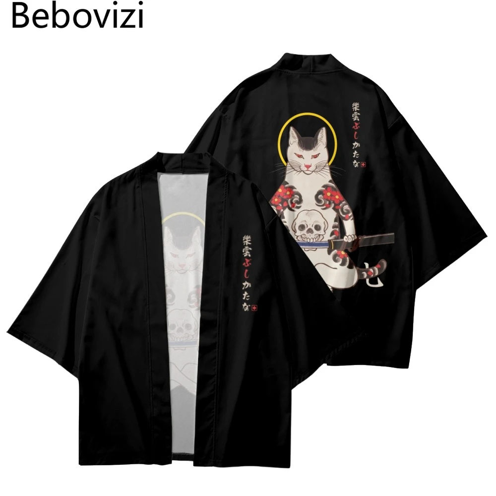 Bebovizi Ukiyo-e Cat Samurai Cosplay Kimono Streetwear Men Women Cardigan Harajuku Robe Anime Clothes Summer Black Beach Shirts