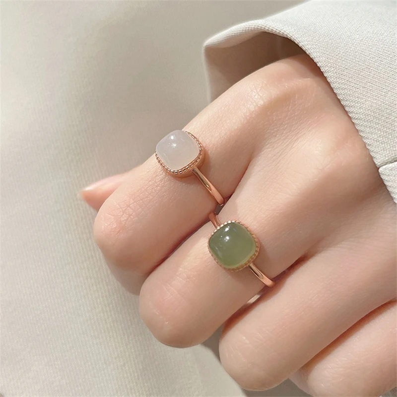 

Fashion Vintage Square Imitation Jade Rings For Woman Chinese Style Simple Geometric Adjustable Finger Ring Party Jewelry Gifts