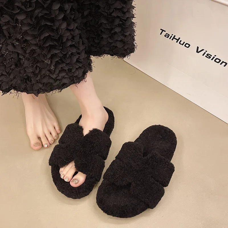 Luxury New Women Feminine High-heeled Fur Drag Outdoor All-match Shoes Slippers Round Head Wedges with Mink Fur Ms Slippers