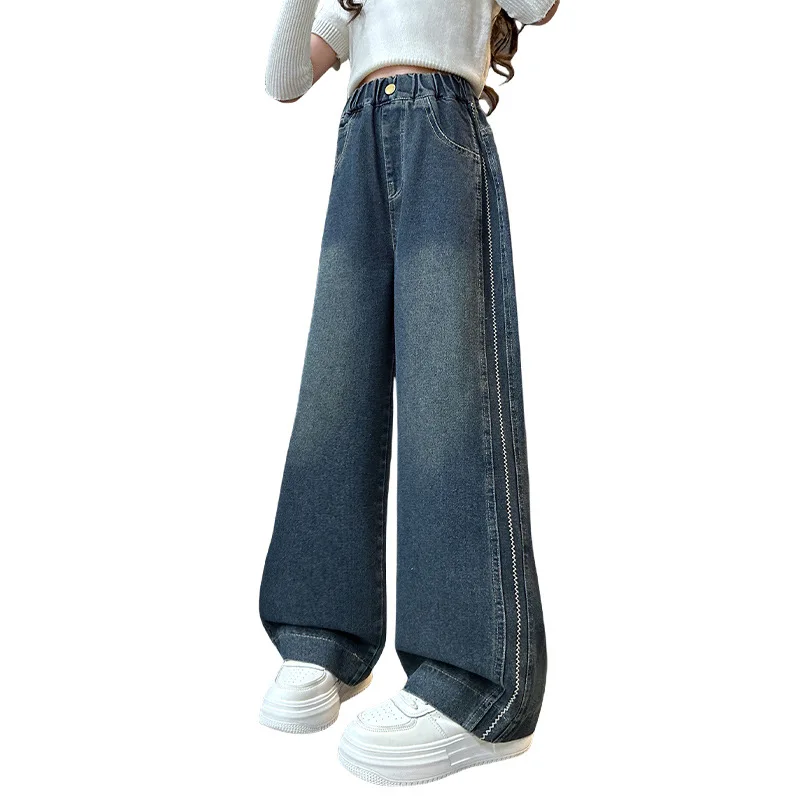 بنات موضة جينز 2025 ربيع الخريف نمط جديد متوسط كبير للأطفال مستقيم فضفاض واسعة الساق الدنيم السراويل العصرية الاطفال الملابس