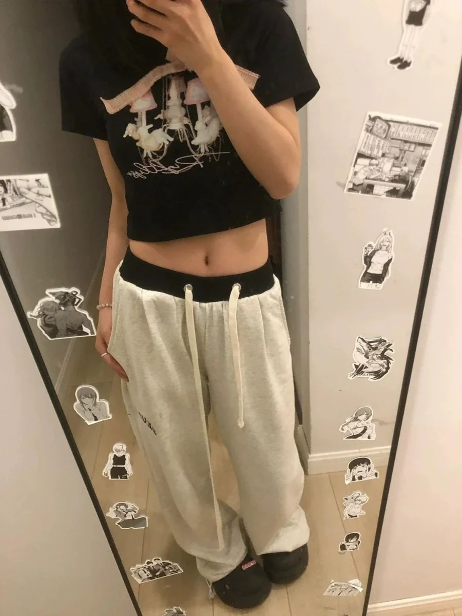 ผ้าฝ้ายอเมริกันสีเทา Sweatpants หญิงฤดูใบไม้ผลิและฤดูใบไม้ร่วงใหม่หลวมหลาขนาดใหญ่ตรงขากว้างเอวสูง Casual Sweatpants