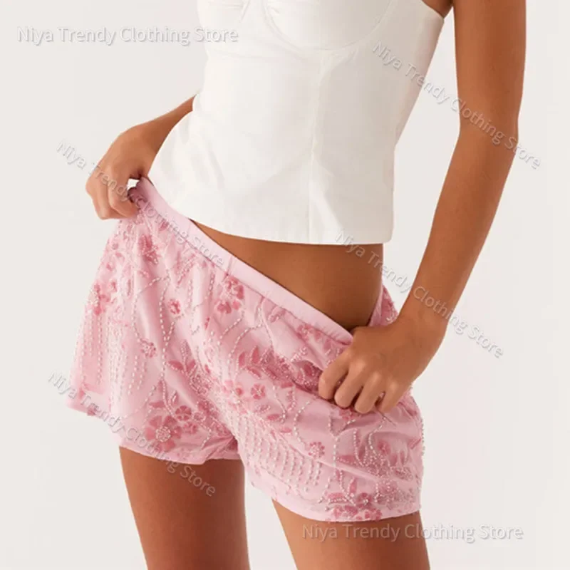 Womens Sequin Sparkle Beaded Mini Shorts Y2k Low Rise Pearl Going Out Bottoms Summer Bling Glitter Rhinestone Pants 2025