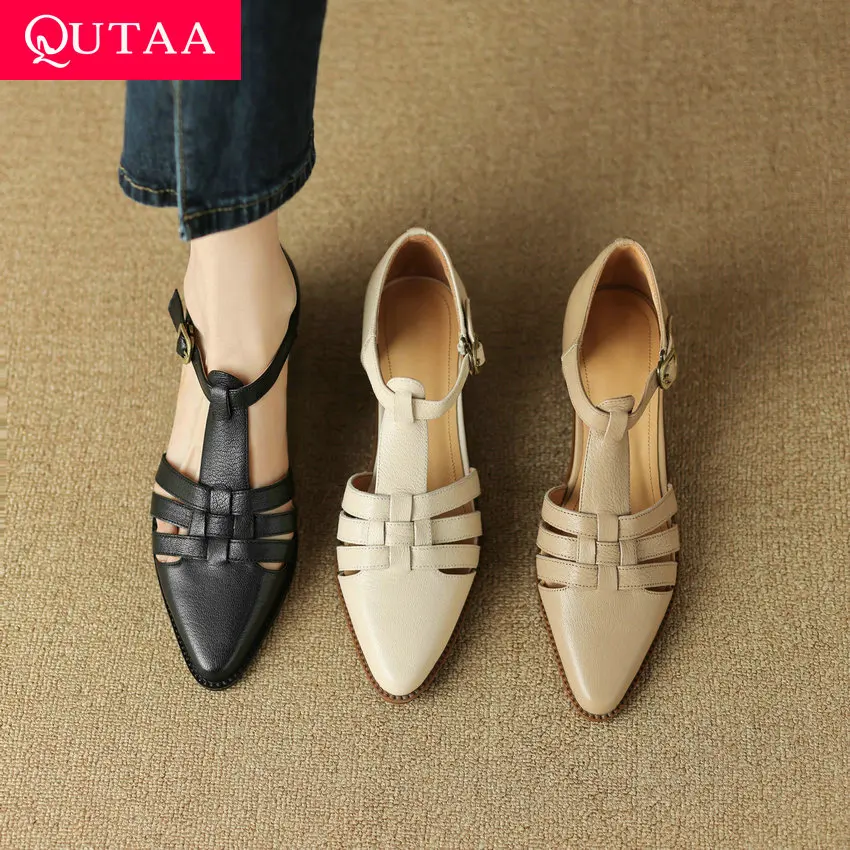 QUTAA 2023 Women Sandals Genuine Leather Quality Low Heels Shoes Woman Gladiators Leisure Casual Working Rome Style Size 34-41