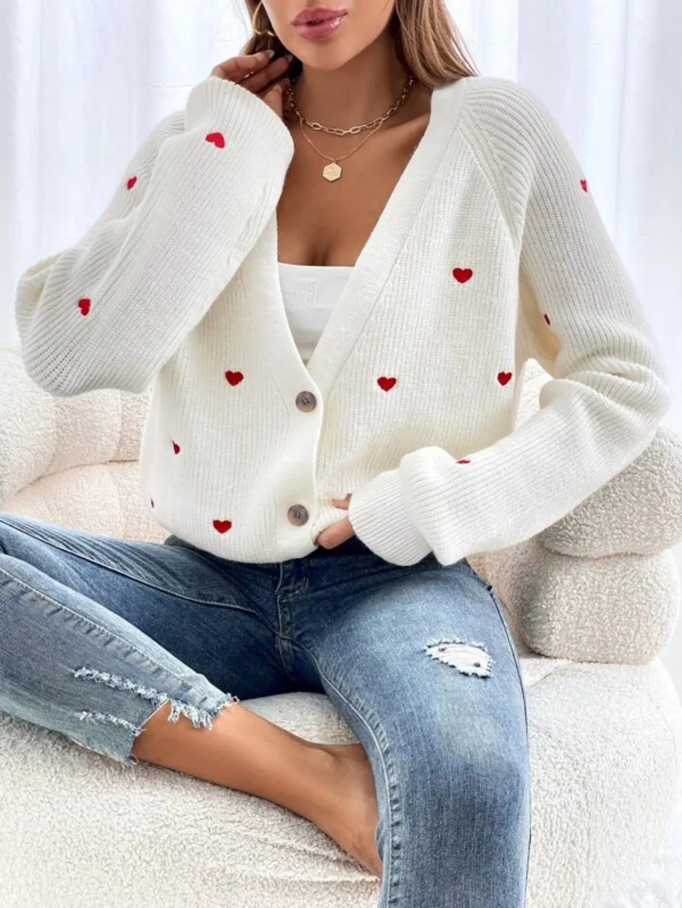 Cardigan da Donna in Maglia con Ricamo a Cuore, Vestibilità Ampia, Apertura Frontale, Maniche Lunghe, Cappotto Casual con Tasche per l'Uso Quotidiano Autunnale