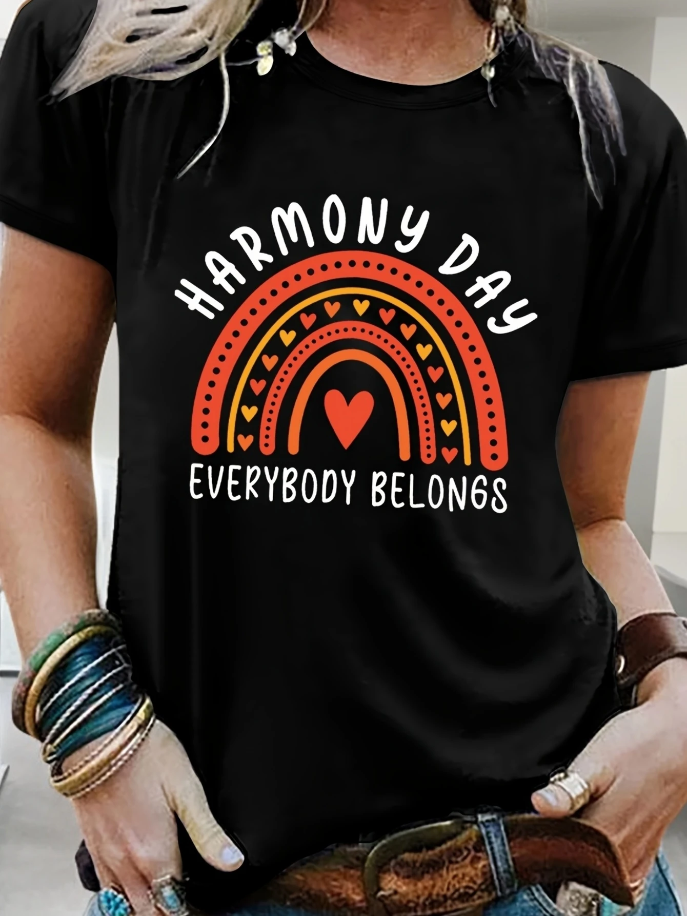 

Casual Women's T-Shirt Summer Short Sleeve Top Rainbow Pattern Decal Crew Neck Loose