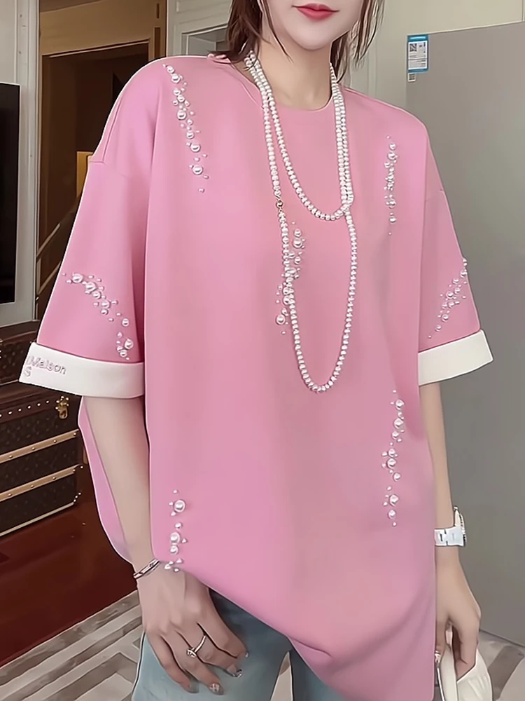

Summer 2025 Loose Fit round Ne T-irt Women's plus Size Casual Faion Korean Sle ort Sve Sweet Bead Embellied