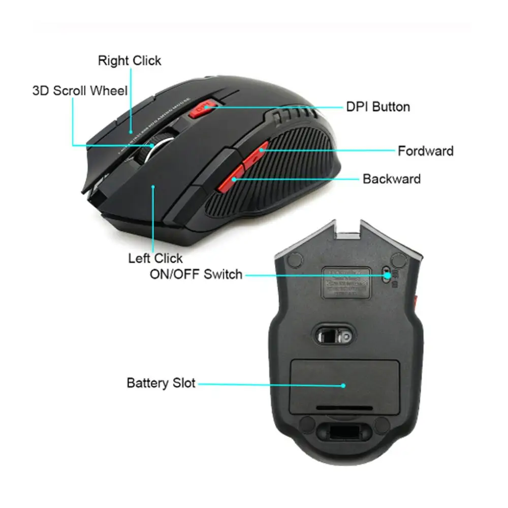 Ratón óptico inalámbrico de 2000DPI y 2,4 GHz para juegos de PC, ordenadores portátiles, juegos optoelectrónicos, con receptor USB