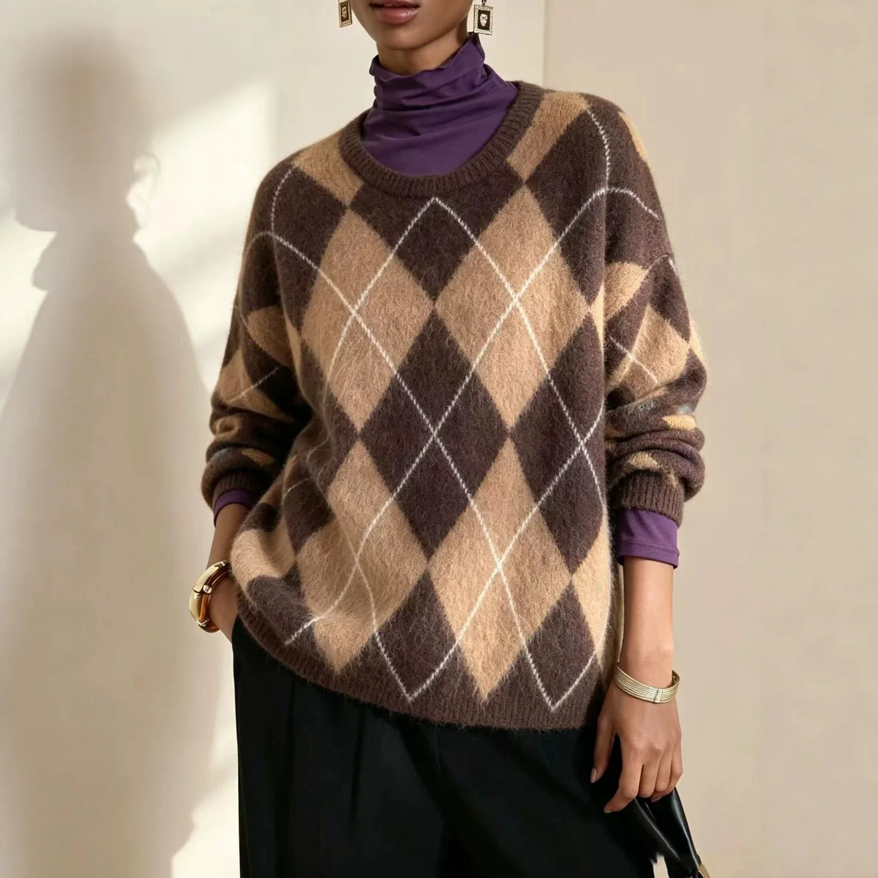 Women Knitted Pullovers Sweaters Plaid Jumpers Mink Fur Color Blocked Round Neck Long Sleeves Slight Strech Loose 2026 Autumn