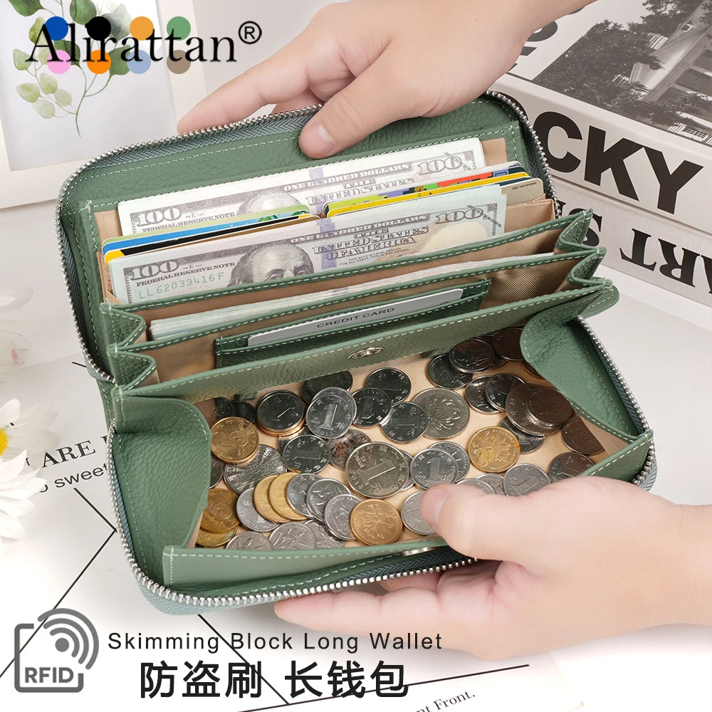 Alirattan 2026 New Ladies' Long Wallet Leather Organ Card Bag Multi Slot RFID Handheld Bag Large Capacity Zipper Coin Purse