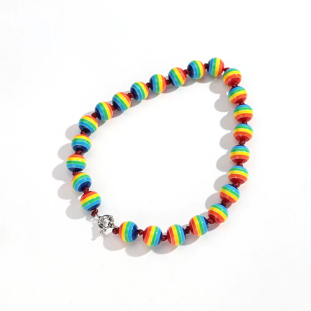 Modische, bunte, gestreifte, runde Perlen, handgefertigte Halskette mit Knoten, geometrische Acryl-Kugelperlen, Choker-Halsketten, neue Schmuckgeschenke – Detail 8
