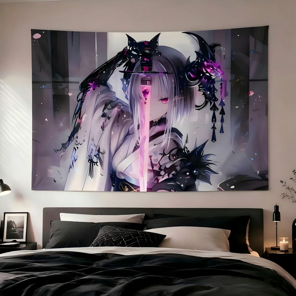 Gothic Fantasy Samurai Girl Tapestry White Short Hair Pink Glow Katana Demon Ornament Kimono Manga Wall Hanging Dorm Bedroom
