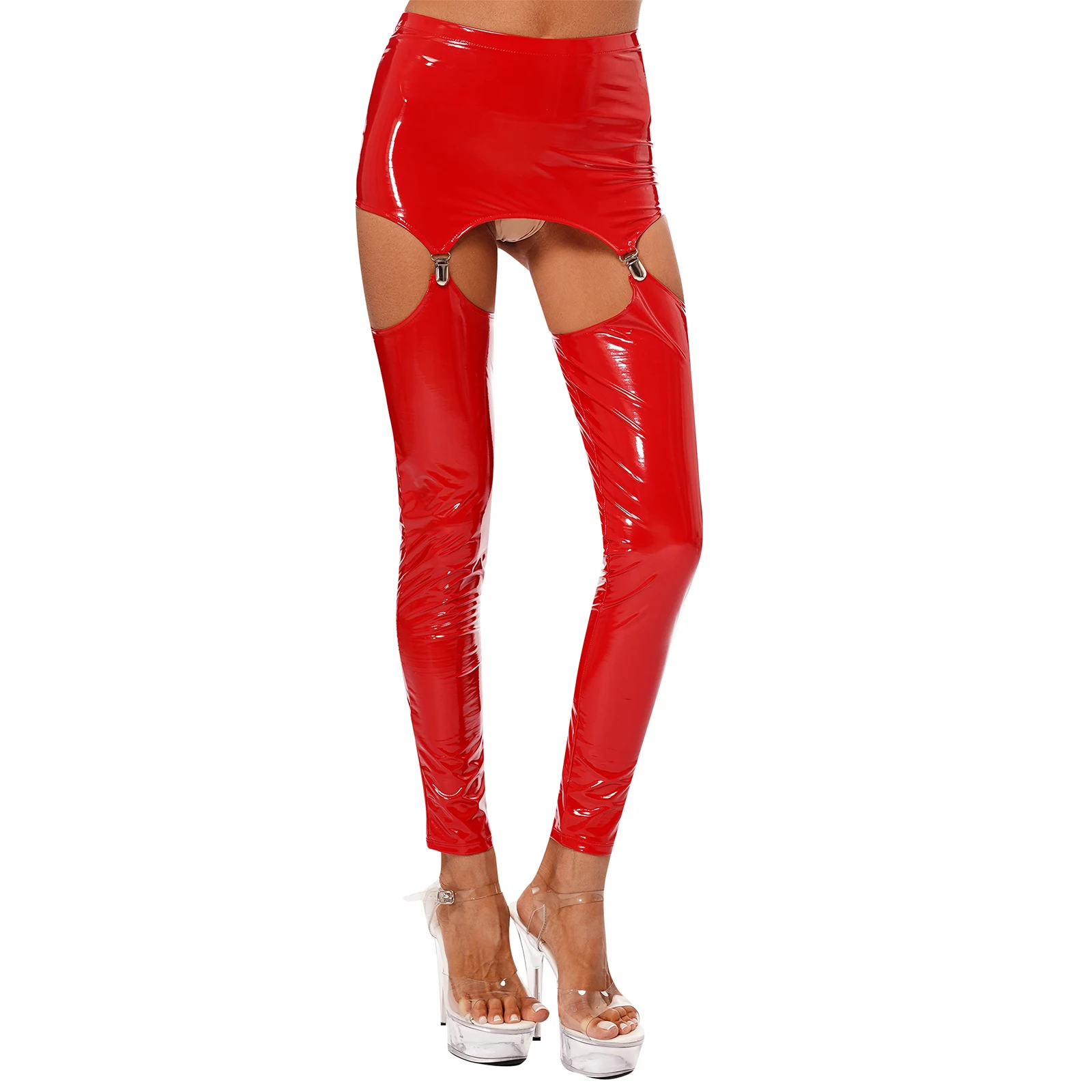 Women\'s Glossy Suspender Leggings Patent Leather Mini Skirt with Garter Clips Hollow Out Tights Long Pants Trousers Clubwear