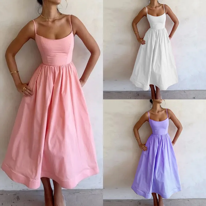 Sommerkleid für Damen in Weiß mit Spaghettiträgern, Ärmelloses Maxikleid mit Hoher Taille in Pastell-Lavendel aus Baumwoll-Optik-Stoff