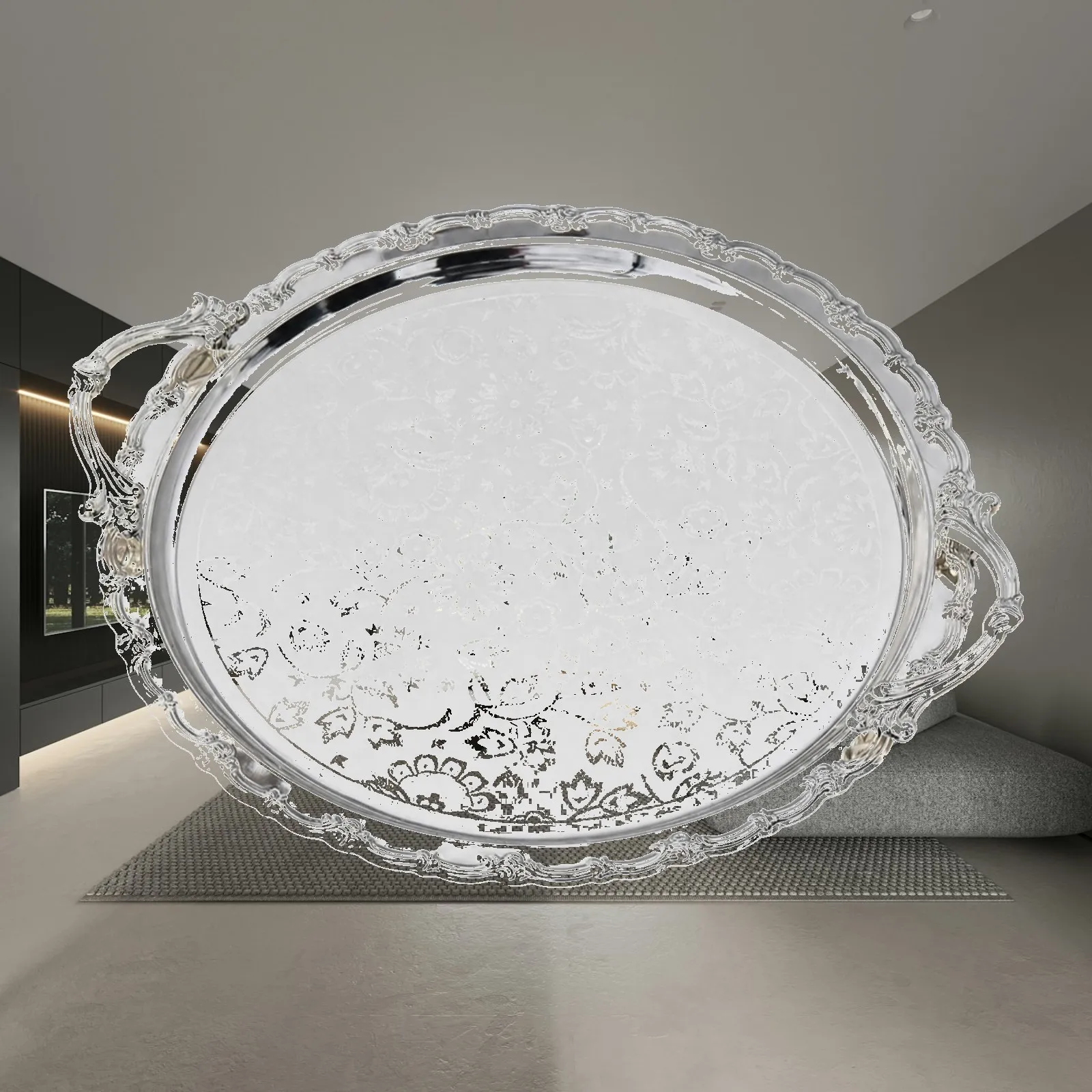 Decorative Round Metal Tray with Embossed Flower Details for Serving Coffee Tea Treats and Decor