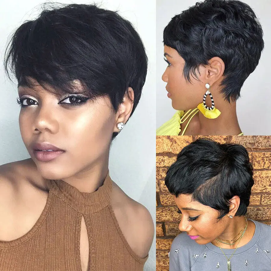 Perruque Naturelle Courte Bob avec Frange, Cheveux Vierges, Coupe Pixie