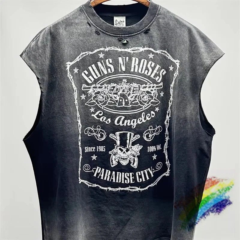 Vintage SAINT Guns N Roses Washed T-Shirts High Quality Dirty Soil Spray Hand Worn Tank Top T Shirt Tee Tops
