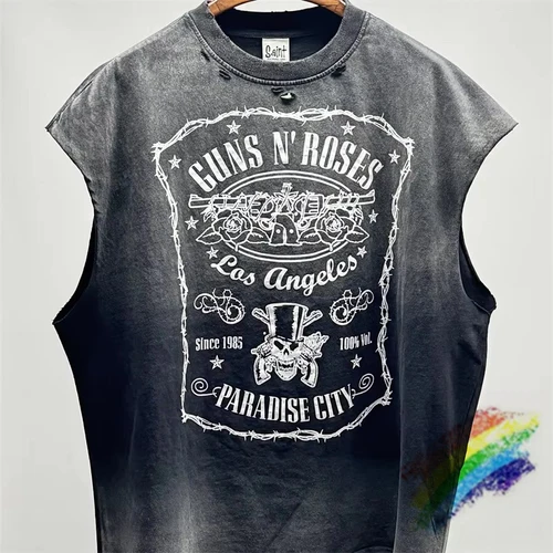 Camisetas Vintage lavadas de SAINT Guns N Roses, camiseta sin mangas desgastada a mano con pulverizador de suelo sucio de alta calidad, camisetas