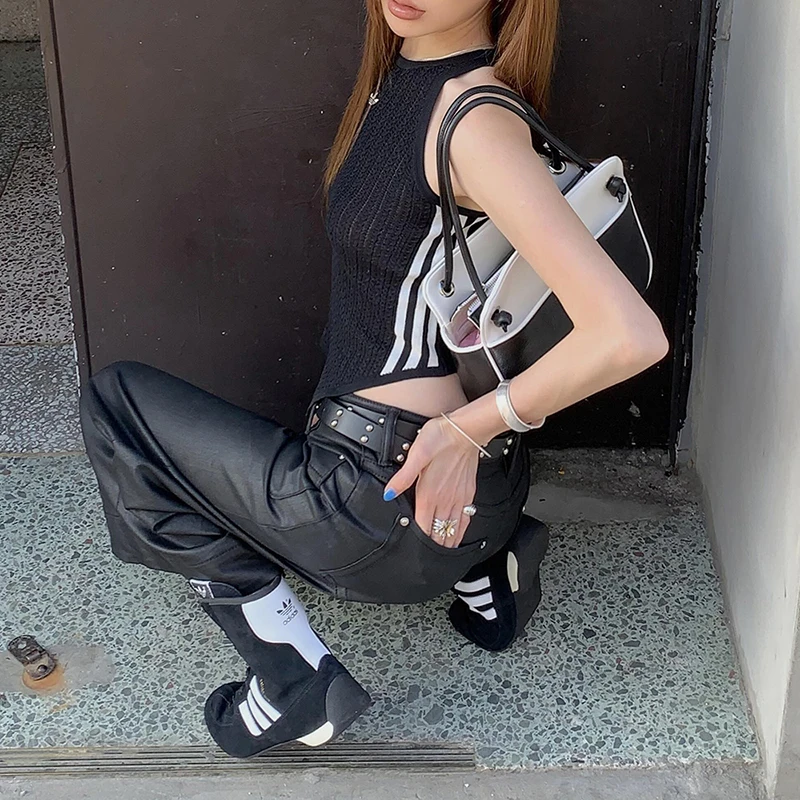 PBAP Cleanfit Women Solid Black Bootcut Jeans Jorts Retro Spliced Pockets Wide Leg Wax Coated Denim Short Pants Punk Streetwear