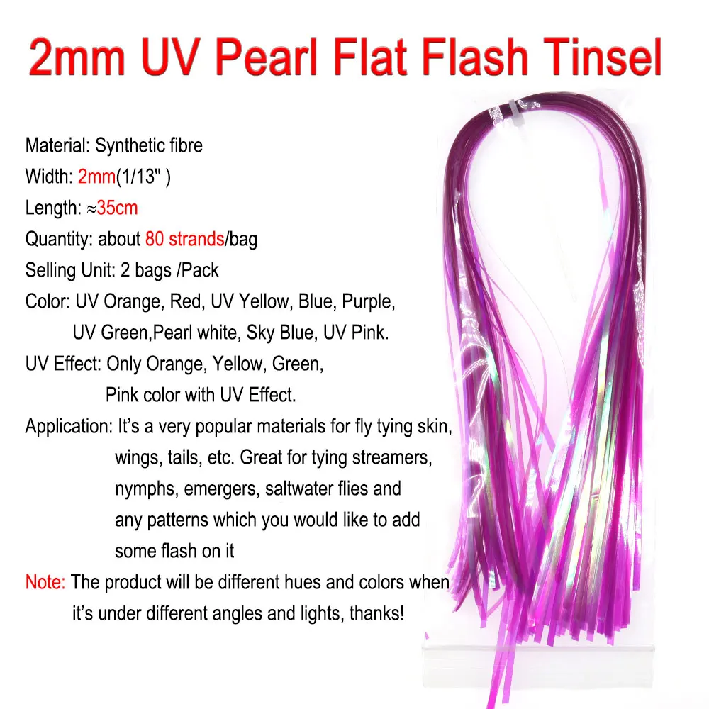 Vampfly 2Packs 2mm Wide UV Pearl Flat Flash Tinsel Mylar Flashabou Tinsel Nymphs Streamers Saltwater Fishing Fly Tying Material