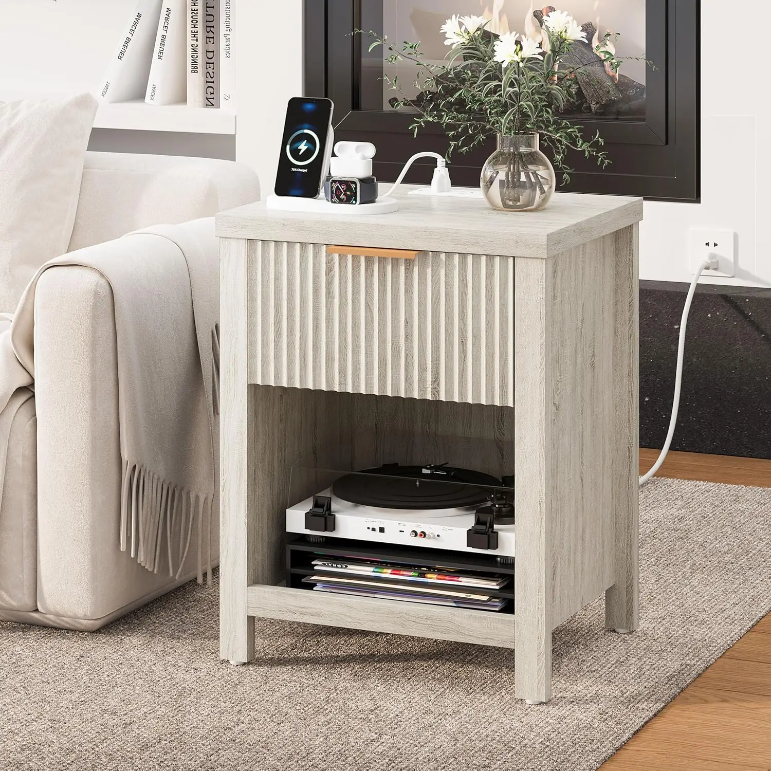 Fluted Nightstands with Charging Station Set of 2, Brooklyn Night Stand with Drawers, Modern Bedside Table with, Customized - view 6