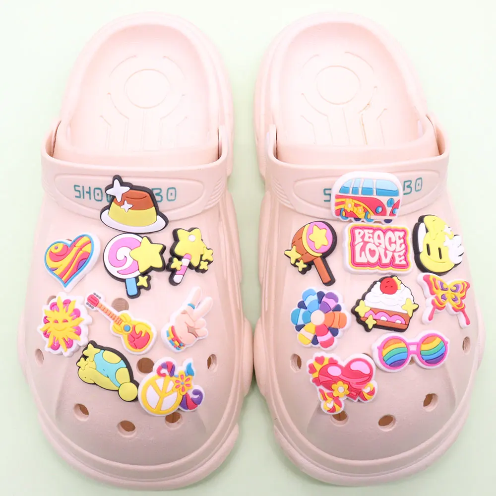 

50pcs Wholesale Peace Love Guitar Bus Heart Cute Shoes Decorations Boys Girls Garden Slipper Buckle Fit Charm Backpack